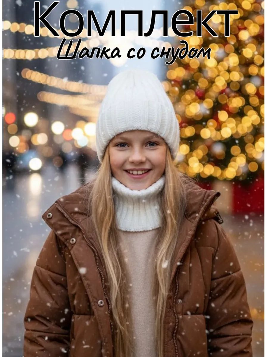 Комплект Шапка и Снуд на флисе зимние вязаные